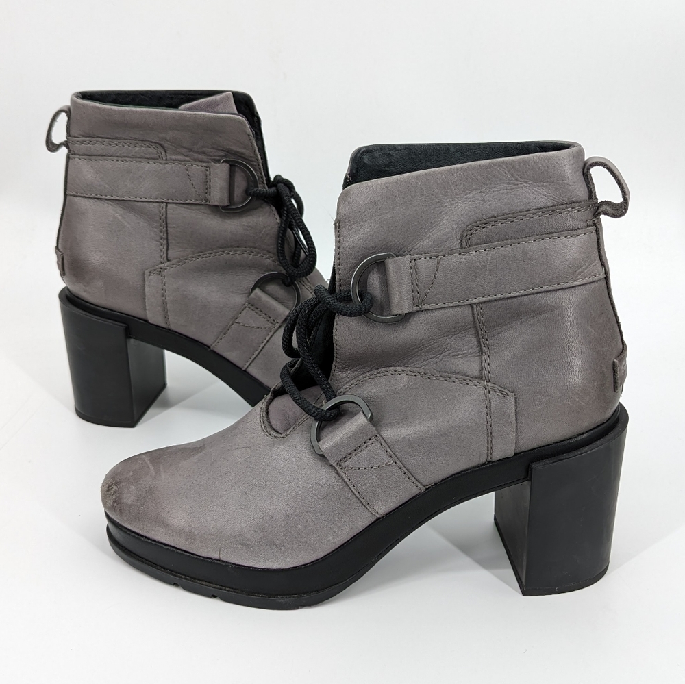Sorel | Margot Grey Leather Heeled Lace Up Booties